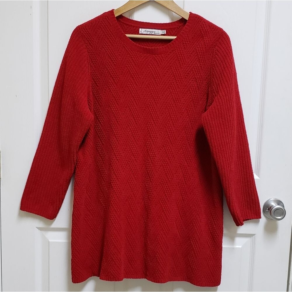 Arpeggio Women Red Chevron Crew Cable Knit Pullover Sweater Sz 1X Casual Holiday